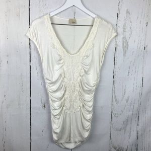 Bke Daytrip Off White Ruched Lace Trim Top Sz M